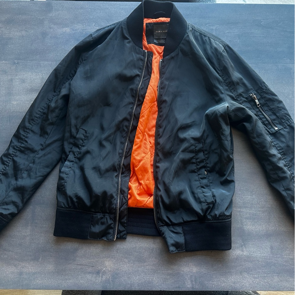 Zara men’s Black Bomber Jacket with Orange Lining Medium